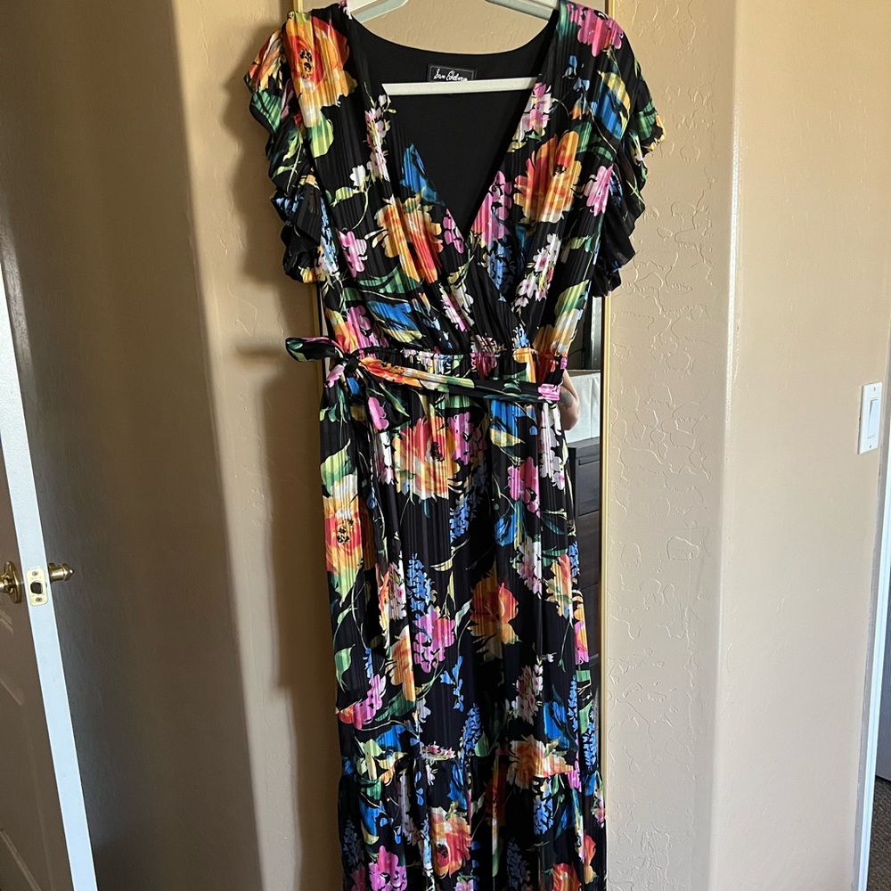 Womens Sam Edelman Rainbow Floral Faux Wrap Dress with Tie Waist Ruffle Sleeves